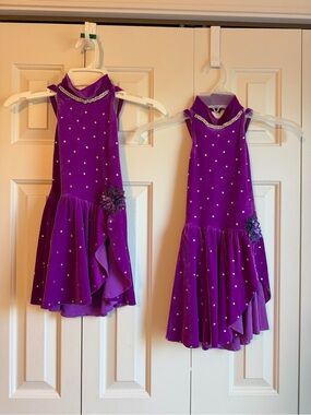 Girls Matching Purple Velvet Dance Costume with Rhinestones
